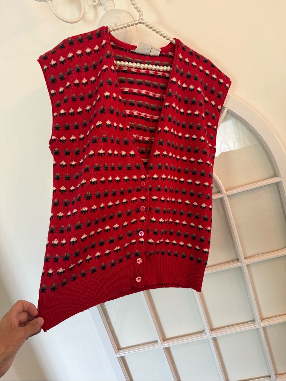 Vintage J.G. Hook Red Fair Isle V-Neck Cardigan Vest Lambswool & Angora